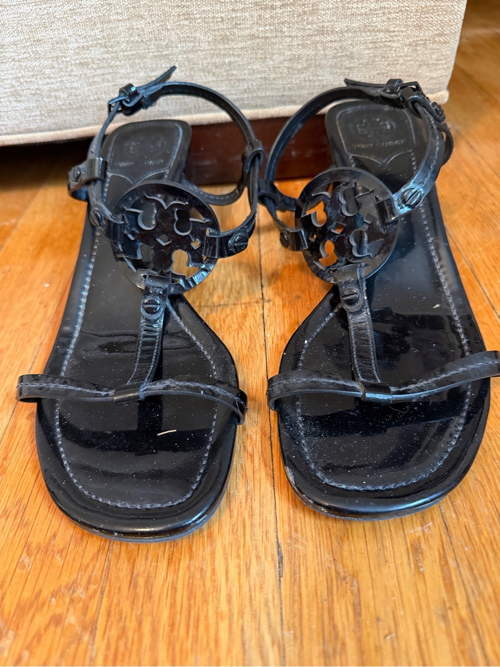 Tory Burch Black Patent Miller Logo T-Strap Sandals
